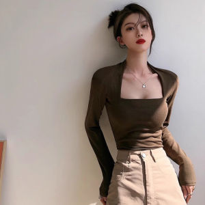 French Style Square Collar Long Sleeve T-Shirt Womens Inner Wear Base Shirt Pure Desire Expose Clavicle Autumn Winter