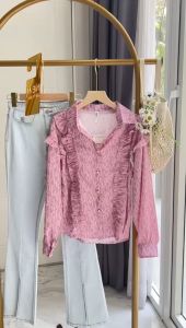 ●ECLAIRE● 043 Kemeja Ruffle Pink Lengan Panjang Longsleeves Korea Kantor Kasual Mode Yourena Import Premium