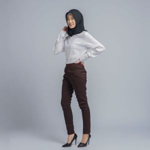Celana wanita modern casual slimfit pinggang karet polyester premium import stretch syakira cokelat