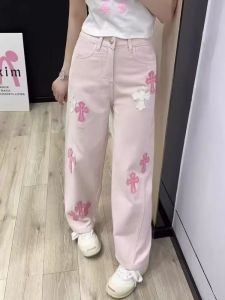American Heavyweight Pink Cross Stitch High Waist Straight Leg Jeans Womens Loose Wide Leg Pants Casual Machine Embroidery Denim