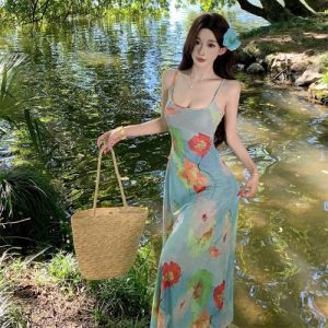 Beach Vacation Floral Print Beautiful Oil Painting Dress Womens Strapless Long Skirt Bohemian Style Sweet High Waist Summer 2025
