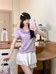 Sweet Girl Gentle Wind Purple 3D Flower Short Sleeve Womens Pleated Wood Ear round Neck T-shirt Irregular Cuff Short Style