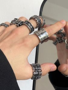 แหวนสแตนเลスタンเกิลทรงครกสไตล์ฮิปฮอปสำหรับผู้ชายและผู้หญิง แหวนนิ้วชี้สไตล์พังก์ย้อนยุคที่ไม่ซีดจาง