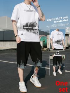 ROMON | Lormen Mens Ice Silk Summer Thin Print Pure Cotton Short Sleeve T-shirt Casual Sport No Match Two-piece Set Trendy