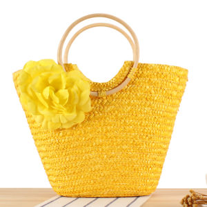 Handwoven Sea Grass Handle Basket Weave Bag Fashionable Casual Large Size Ladies Handbag Bucket Shape Soft Handle Floral Decor