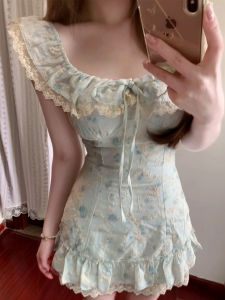 QINWEIYU | Váy hoa cạp cao mùa hè mới cho nữ Váy đi biển phong cách ngọt ngào không tay Váy chữ A bằng polyester và cotton