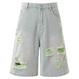 OUMULONG | Ripped Distressed Green Washed Wide Leg Denim Shorts