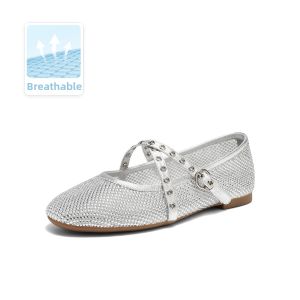Belle | Lace-up Mesh Mary Jane Ballet Silver Flats 26
