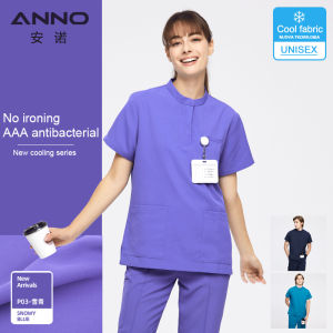 ANNO Cold Fabric Medical Scrubs Set Summer Nurse Uniform Hospital Sanitary Doctor Suit Antibacteria Antistatic Wrinkle Free Stand Collar for Dentist