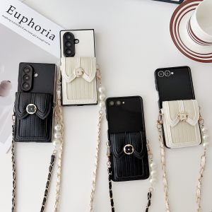 High-End Pearl Rope Crossbody Card Holder for Samsung Z Flip 7/Z Fold 7/6/5/4 Luxury Leather Texture Protective Case Shell