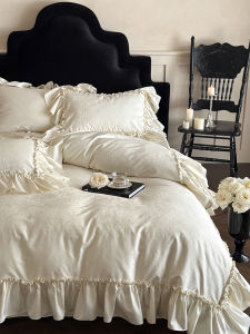 French Style Creamy Embroidered Pure Cotton Satin Four-Piece Bedding Set Princess Light Luxury Bed Sheets with Lace Edge