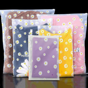 10pcs Transparent Daisy Travel Storage Bag / Waterproof Clothing Storage Bag / Portable Daisy Printed Frosted Plastic Zipper Bags