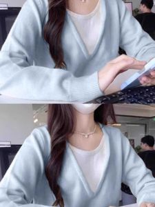 Blue V-neck Fake Two-Piece Knitted Sweaters Womens Early Autumn Stylish Loose Inner Wear Sweater Korean Style Chic Chic Tops