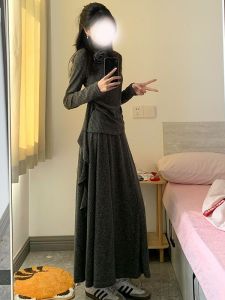 ชุดเดรสยาวถักสไตล์ฝรั่งเศส ชุดสองชิ้น กระโปรงทรงเอเอวสูง แขนยาว คอตั้ง ผ้าโพลีเอสเตอร์ ชุดทำงานฤดูใบไม้ร่วง 2025