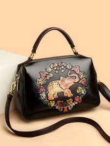 New Chinese Style Womens Handbag Handcrafted Floral Embossed Soft Leather Fashionable Single Shoulder Bag Crossbody Bag