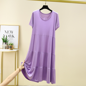 ชุดเดรสทรงเค้กคอตั้งแขนสั้นหลวมๆ สำหรับฤดูร้อน ผ้าโมดอลบาง กระโปรงทรงเอเข้ารูป กระโปรงยาวคลุมเข่า สไตล์ทำงาน เอวสูง