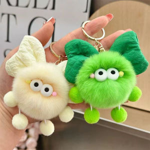 RcTlB Cartoon Cute Bow Briquette Elf Doll Pendant Keychain Cute Cross-eyed Bow Fur Ball Doll Key Ring Toy