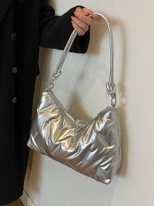Fashionable Silver down Feather Womens Shoulder Bag Large Capacity Commuter Underarm Bag Autumn Winter New Arrival Handbag