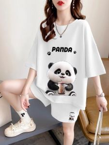 Cartoon Print Casual Sports Short Sleeve Shorts Set Large Size Cotton Suit for Women Summer New Style Two-Piece Suit