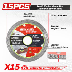 Đĩa Cắt Kim Cương Răng Cưa Geinxurn 3/8/15PCS 4.5 Inch Dùng Cho Máy Mài Góc Cắt Gạch Gốm Sứ Đá Cẩm Thạch