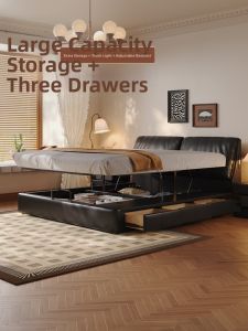 MEIZHAISHENGHUO | Minimalist French Retro Leather Double Bed Black