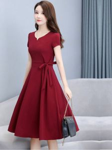 Summer 2024 Womens Midi Dress Short Sleeve Waist-Cinching Fashionable Mommy Clothes Large Size Pocket Square Trendy Gown
