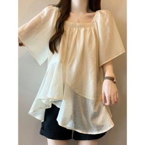 plus Size Womens French Style Square Collar Asymmetrical Short Sleeve Chiffon Top Summer Loose Slimming Lace Trim Blouse