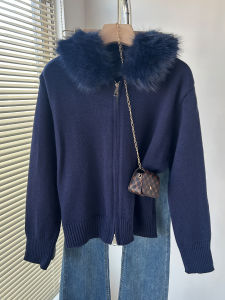 QINGNAER | Fashionable Slim Korean Style Fur Collar Double Zipper Knitted Cardigan