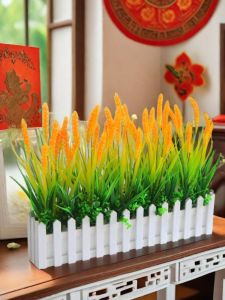 Artificial Flowers Plastic Flowers Desktop Corner Blocking Simulation Green Plant Potted Ornaments Golden Barley Stalks Fence Flower Set