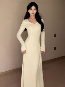 CAOZIMUYI | French V-neck Waist-cinching Long-sleeve Knit Dress
