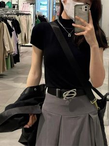 HUOLISI | Semi-High Collar Black Short Sleeve T-Shirt