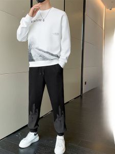 ROMON | Romon Mens Sportswear Set Round Neck Printed Sweatshirt And Running Casual Pants Two-Piece Autumn Collection Polyester Fiber