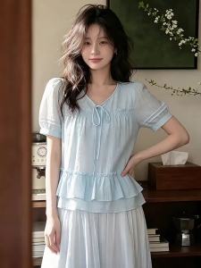 La Chapelle | Thin Summer Chiffon Shirt Women French Style Ruffle Design Blue