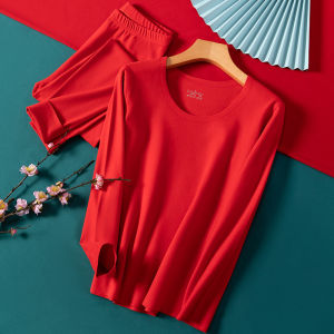 Warm Fleece Lined Underwear Set for Men And Women Couples Matching Long Sleeve Thermal Clothes Red for Wedding in Winter