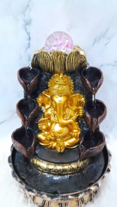 Golden Ganesha Cascading Water Fountain with LED Crystal Sphere