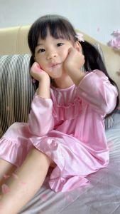 ชุดนอนเด็ก ผ้าลื่น แขนยาว (มีซับใน) สีสดใส 6 สีหวาน ชุดเด็ก ชุดกระโปรงเด็ก ชุดนอนเด็กหญิง ชุดนอนเด็กผ้ามัน ชุดเด็กผ้าเจอร์ซี่