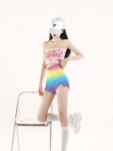 กางเกงขาสั้นยีนส์ลายสก็อตสีรุ้งสำหรับผู้หญิงในช่วงฤดูร้อน กางเกงขาสั้นทรงเอเข้ารูปบาง ทรงเข้ารูป เอวสูง กางเกงขายาวทรงหลวม