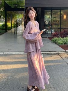 French Gentle Style Purple Embroidery Skirt Set Womens Spring 2025 New Super Fairy Half Skirt Two-Piece Set Elegant A-Line