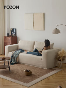 POZON Cotton Linen Three-Seater Sofa Easy to Clean Living Room Small Layout Straight Row Sofa Wabi-Sabi Style Home Furniture