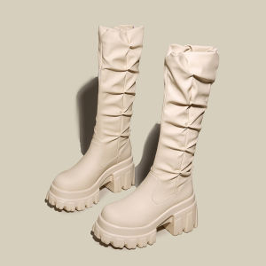 Fall Winter Womens Thick Heel Long Tube Boots Foldable Cuff Knight Boots Fleece Lined High Tube Short Not Knee High Boots