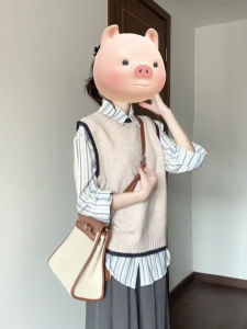 Early Autumn Matching Korean Style Knitted Vest Bandage Dress Stripes Shirt Tops Wear Two-piece Set Women