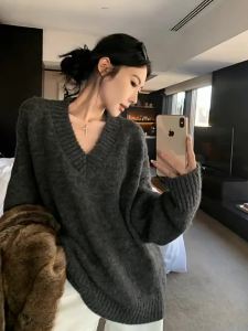 YUANYA | Korean Vintage Style V-neck Pullover Loose Knit Sweater