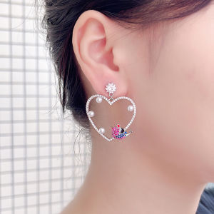 SEQUITO Classy Silver Plated Bridal Wedding Jewelry Pave Tiny Multicolor AAAAA Cubic Zircon Small Pearl Big Heart Pendant Drop Earrings SE938