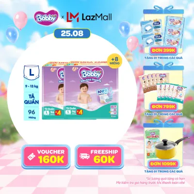 [25-29.08 QUÀ TO][TẶNG MIẾNG NGẪU NHIÊN] Combo 2 Tã/bỉm quần Bobby 3mm Mega Jumbo Siêu khô thoáng L96