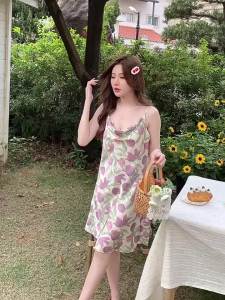 Womens Pajamas New Style Petite Summer Ice Silk High-End Sense Swing Neck Strap Nightdress Backless