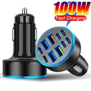 100W PD USB Car Charger 10-in-1 Multi Ports Fast Charging Vehicle Phone Adapter Type C Multi-Function Charger for iPhone Xiaomi Huawei Samsung