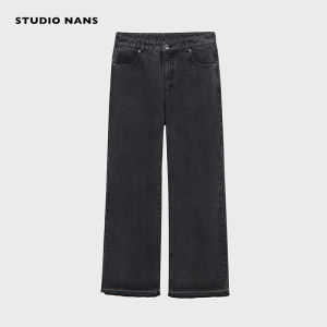 NANS 14OZ Heavyweight Faded Washed Texture Frayed Hem Straight Leg Jeans Youth Low Waist Zipper Closure Classic Blue Denim Pants