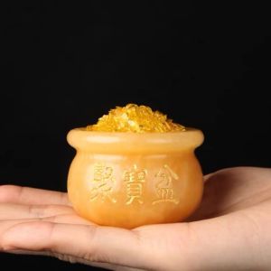 Natural Yellow Jadeite Wealth Attraction Bowl Decorative Ornaments Living Room Entrance Decorations Chinese Style Stone Sculpture