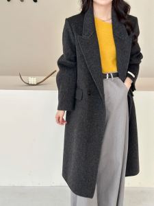 Double-Sided Woolen Khaki Double-Breasted Coat Loose Womens Fashion Shoulder-Length Outerwear for Autumn Winter