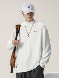 Mens Long Sleeve T-Shirt Half High Collar Inner Wear Base Shirt Autumn Winter New Style Japanese Warm Embroidery Top Men